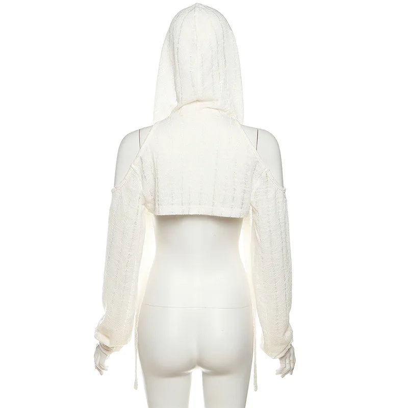 Goth Dark Open Shoulder Techwear Y2k Crop Cardigans Mall Gothic Hooded Sexy Women Crop Tops Punk Grunge Buckle Streetwear Shirts