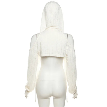 Goth Dark Open Shoulder Techwear Y2k Crop Cardigans Mall Gothic Hooded Sexy Women Crop Tops Punk Grunge Buckle Streetwear Shirts