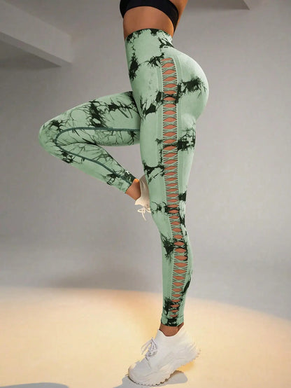 Tie Dye Seamless Leggings for Women High Waist Yoga Pants, Scrunch Butt Lifting Elastic Tights, Side mesh design green