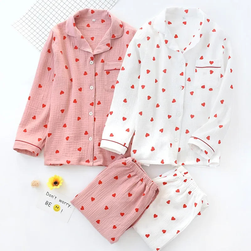 Japanese style spring, summer and autumn new ladies cotton gauze home service suit long-sleeved trousers cute cartoon suit women