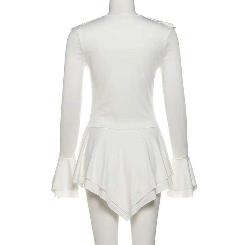 2025 New Autumn Irregular Hem Dress Women Y2K Flare Sleeve V-Neck Bandage Stretch Elegant Birthday Party Chic Hipster Bodycon Badiee Stylez