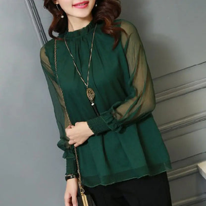 Perspective Net Mesh Sleeve Office Shirt Top Elastic Cuffs Women Shirt Elegant Ruffle Collar Blouse Solid Color Chiffon Shirt