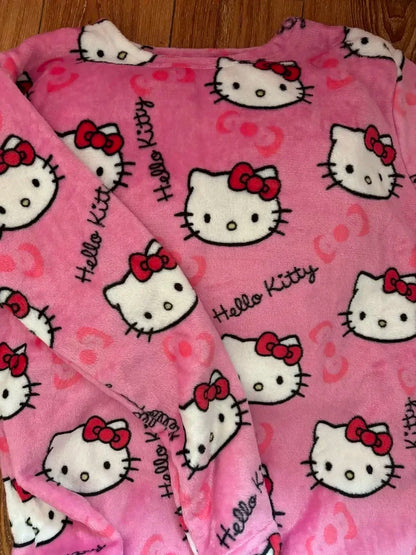 Winter Hello Kitty Pajamas Set Flannel Pants Kawaii Cartoon Pajama Suit Warm Thickened Woman Pants Plush Homewear Cute Sleepwear