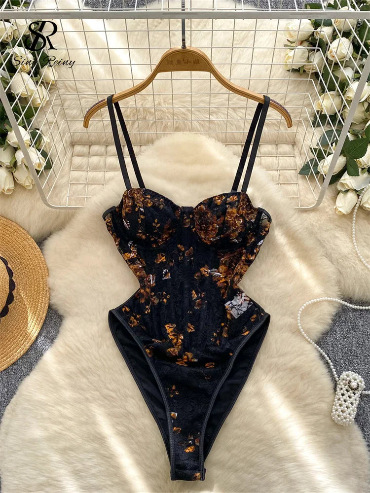 SINGREINY France Retro Straps Corset Bodysuits Lace Print Patchwork Rompers Female Senior Sexy Summer Slim Night Club Playsuits black