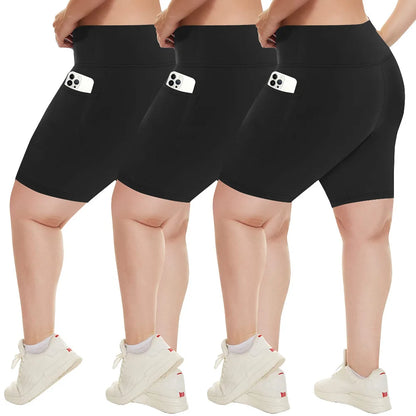 Plus Size Fit Yoga Shorts for Women's High Waist Side Pocket Workout Running Tight Stretchy Athletic Summer Fashion Slim Shorts