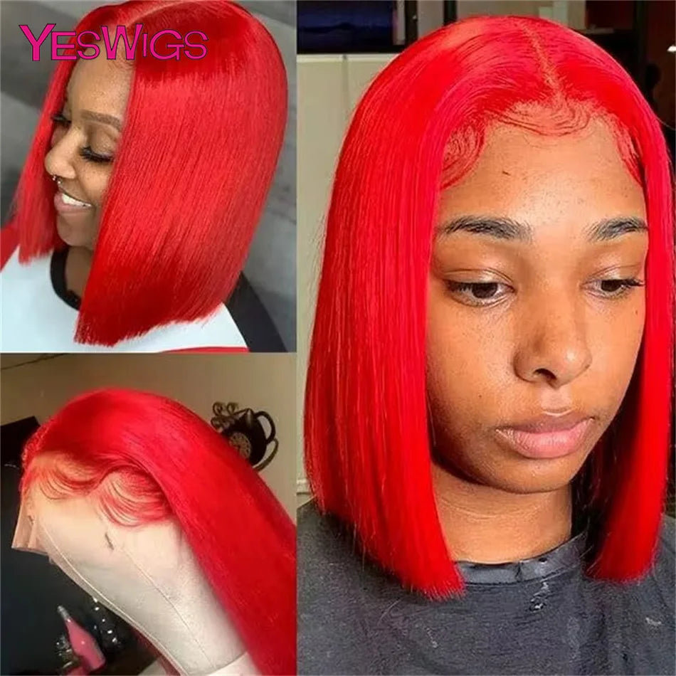 Short Bob Wig Hot Red Burgundy 99j Colored Brown Lace Front Human Hair Wigs Bone Straight Bob Wig Lace Frontal Wigs For Women - Badiee Stylez