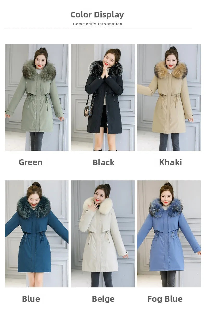 Thiened Fce Women's Cotton Jaet Korean Sle Slim Fit Mid-Length Parka Coat Warm Casual Outerwear for Winter Season