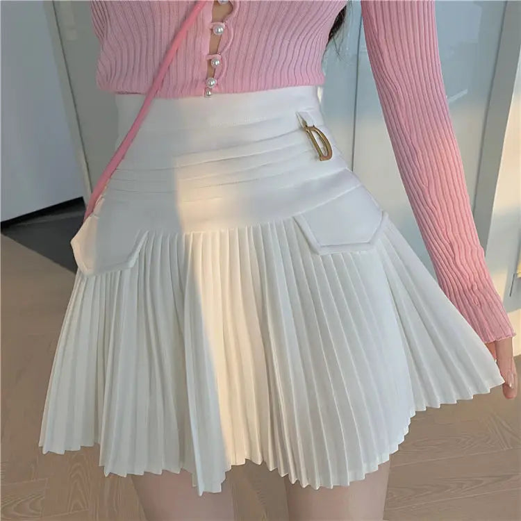 White Pleated Skirt Women High Waist Skater Skirt Female Korean A-Line High Fashion Casual Short Skirt Women Bottoms