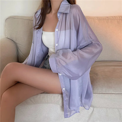 Semi Sheer Long Sleeve Shirt for Women Shimmer Button Down Collared Plain Lightweight Shirt Spring Summer Chic Tops Outfit Light Purple One Size