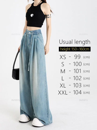 Summer Luxury Soft Cozy 100%Lyocell Fabric Woman Jeans Loose Wide Leg Elastic Waist Pants Fashion Casual Trousers Plus Length Blue-usual length CHINA