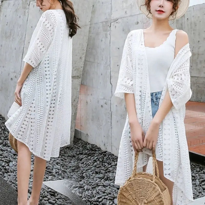 Women's Lace Cardigan Plaid Hollowed Out Long Shawl Summer white One Size