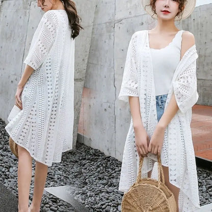 Women's Lace Cardigan Plaid Hollowed Out Long Shawl Summer white One Size
