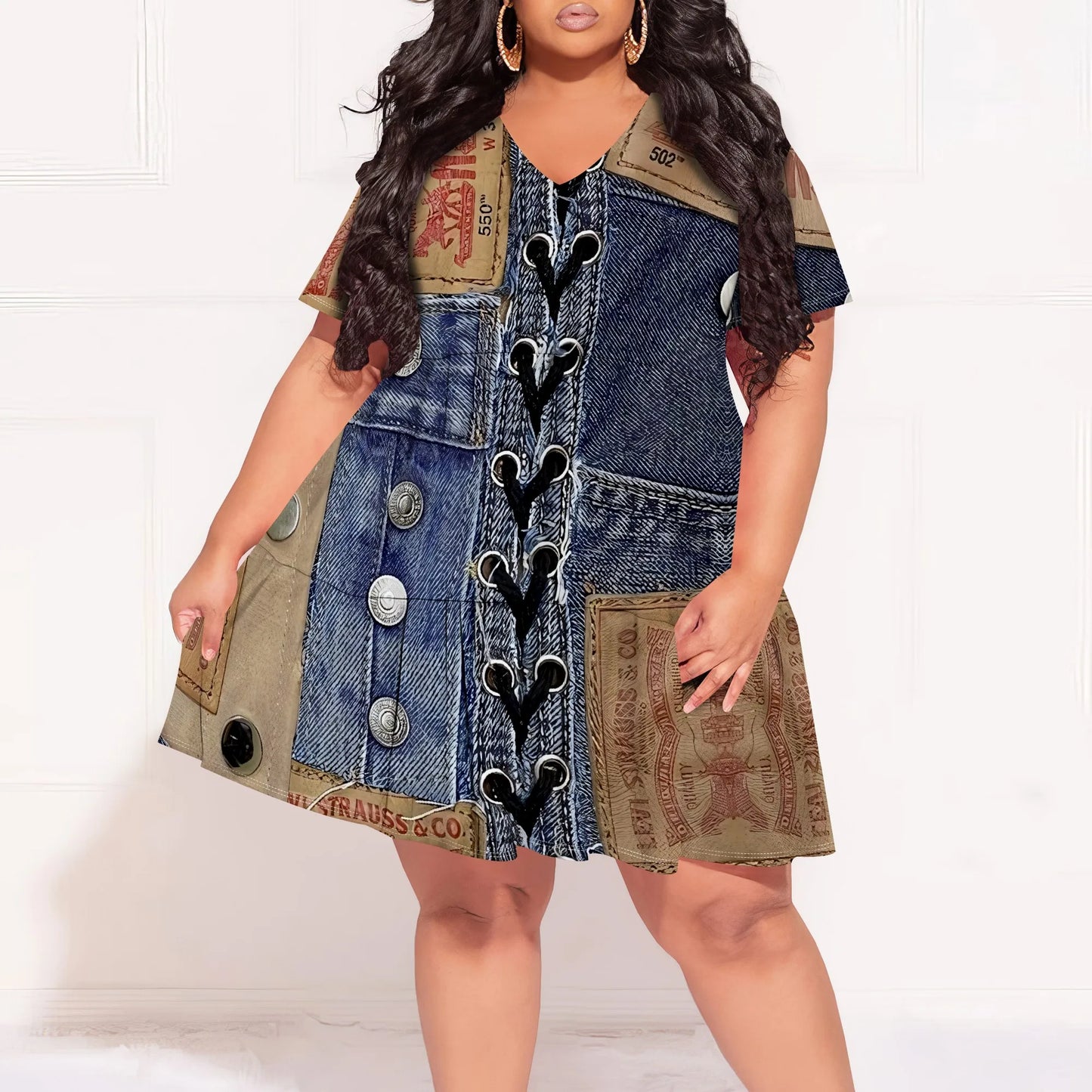 Denim Patchwork Lace-up V-neck Short Sleeve Dress - Women's Vintage Rugged Casual Party Festival Summer