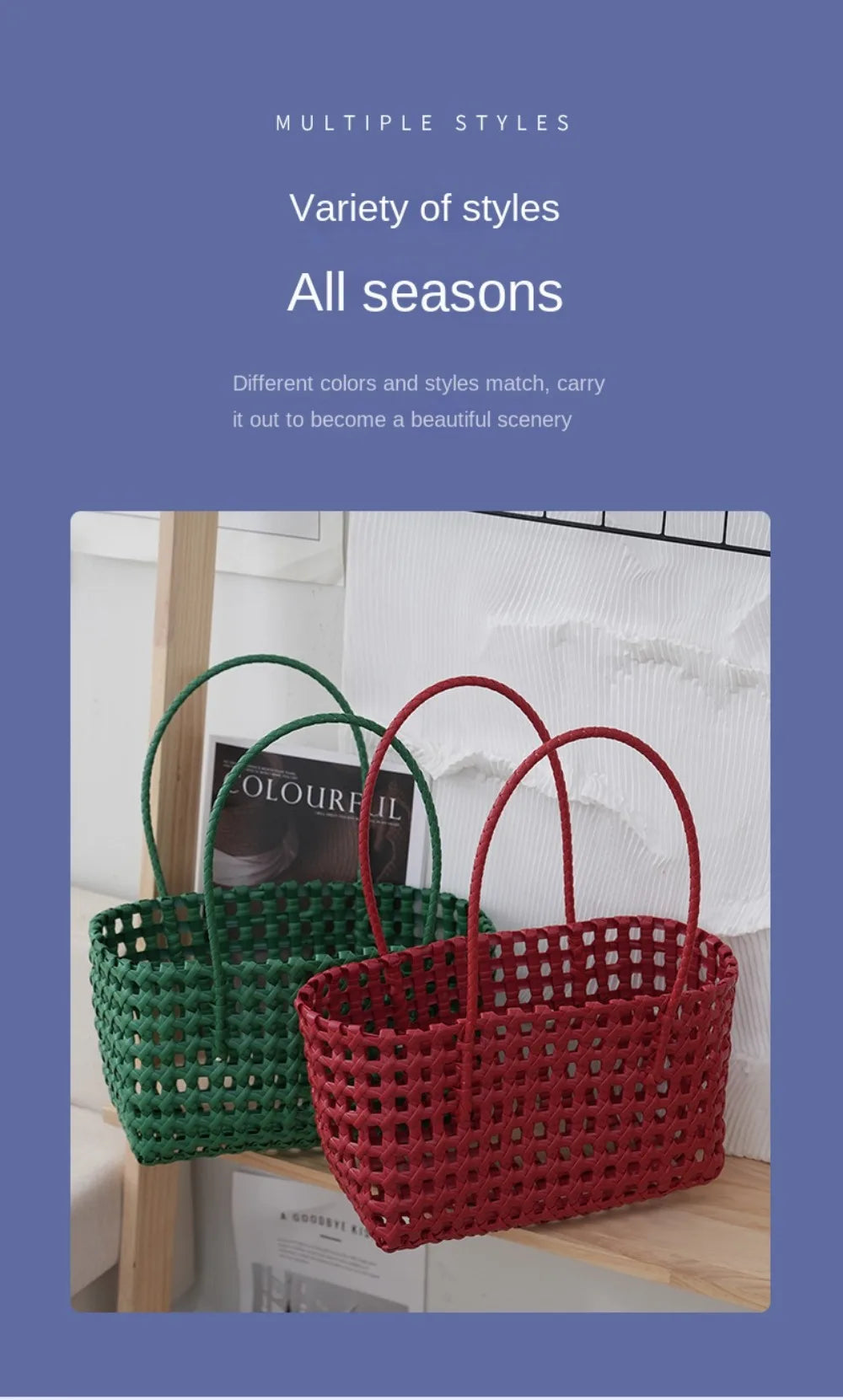 Plastic Hollow Weave Bag Countryside Style Bohemian Style Beach Tote Bag Large Capacity Bucket Bag Vegetable Basket Bag