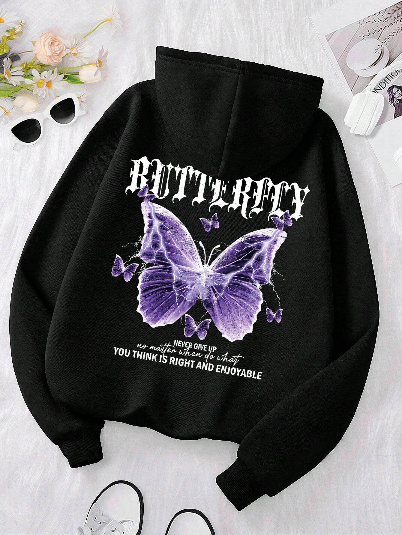 Beautiful Purple Butterfly Printing Hoodies Women Fleece Pocket Hoody Simple Casual Hoodie Autumn Loose Female Streetwear
