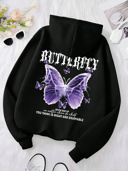 Beautiful Purple Butterfly Printing Hoodies Women Fleece Pocket Hoody Simple Casual Hoodie Autumn Loose Female Streetwear