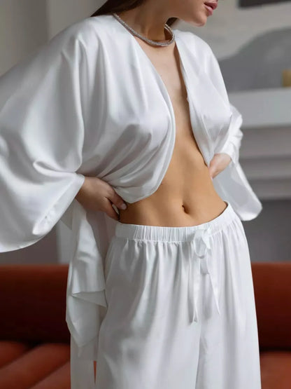 Mozuleva Solid Color Long Sleeved Pants Pajama 2-Piece Set Women's Autumn Winter Lace Up Nightgown Comfortable Home Clothing