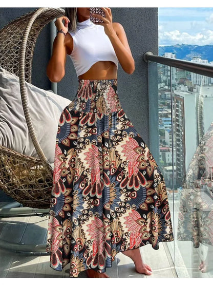 Women Fashion Floral Print Folds Bohemian Elastic High Waist  Skirt Ladies Knee-Length Long Skirts For Women Badiee Stylez