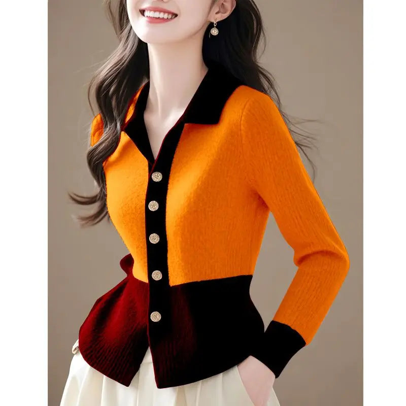 2024 Patchwork New Autumn Winter Polo Knitting Cardigan Sweater Coat Fashion All-match Long Sleeve Temperament Top Tee Women's