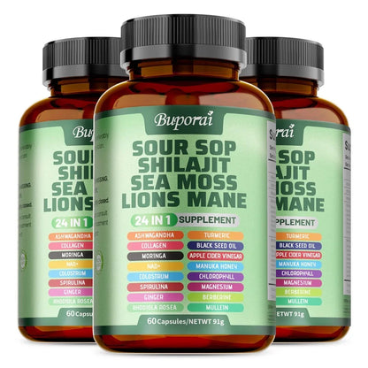 24-In-1 Soursop Supplement - Improve Skin Health, Anti-oxidation, Promote Digestion, Intestinal Detoxification 60 Capsule-3bottles