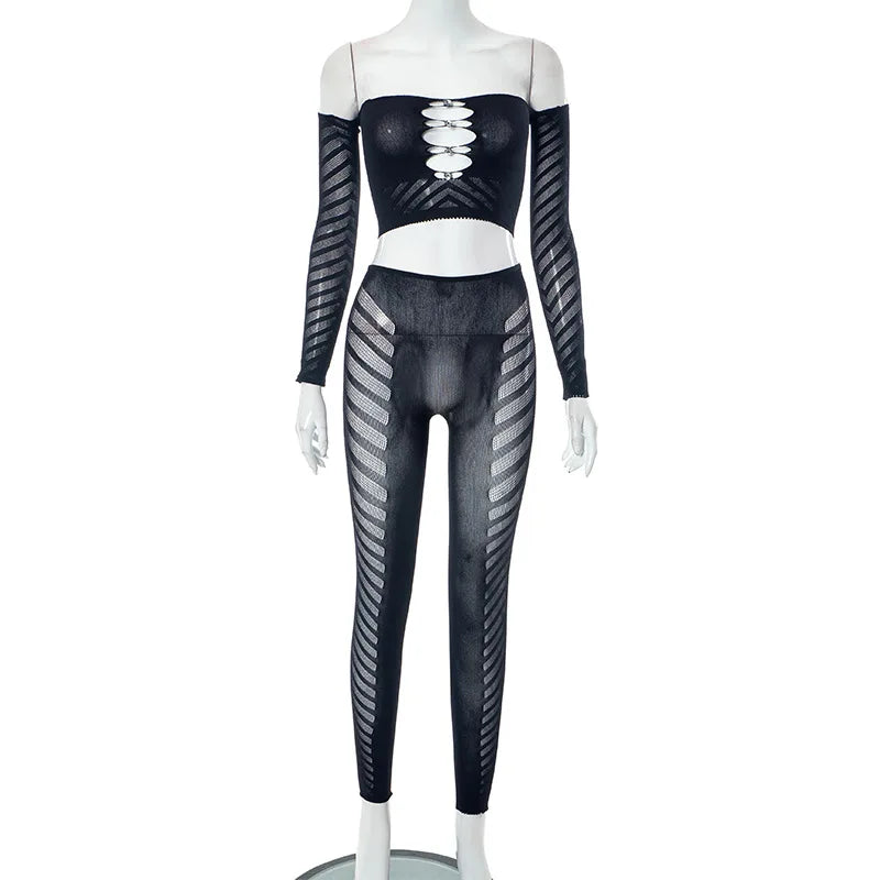 Simenual Baddie Fashion Mesh Tansparent Two Piece Sets Hotsweet Sexy Hollow Out Crop Tops Skinny Pants High Elastic Co Ord Suits
