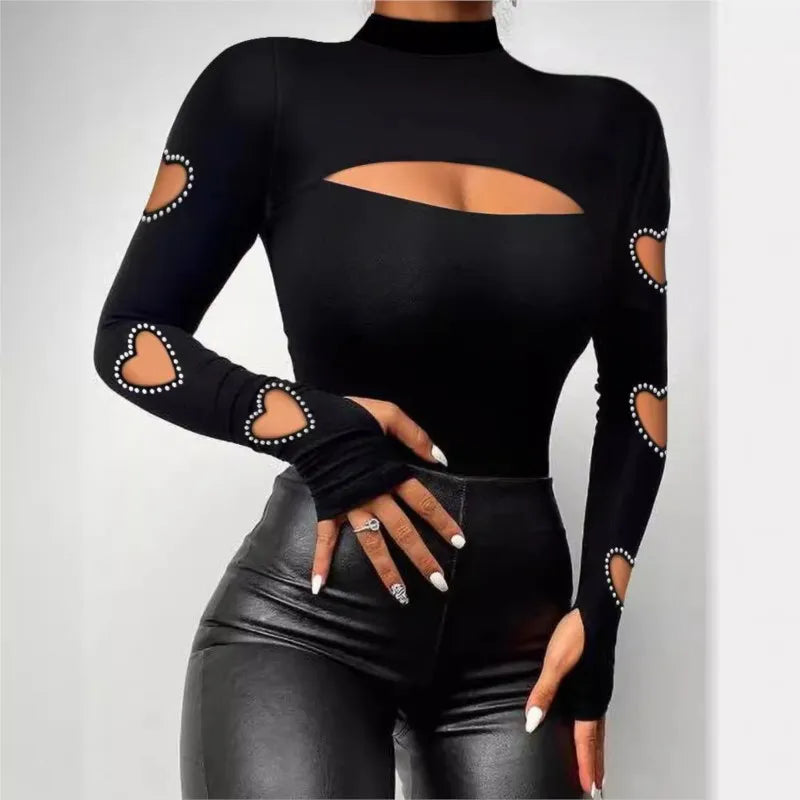 New Women Slim Fit Top Stylish Autumn Winter Sexy Blouse Mock Neck Bodycon Hollow Long Sleeve Tee Shirt With Stitching Beads