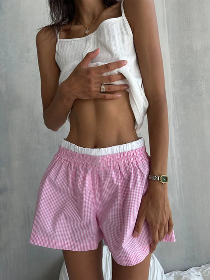 Muzuleva 100% Cotton Pink Patchwork Checkered Pajama Set Spring New Long Sleeved Shorts Pajamas Women's Casual Home Clothes