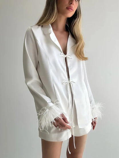 Mozuleva Women's Long Sleeved Lace Up Casual Shirt Pajamas Set Feather Sleeves Shorts Home Clothing Autumn Fashion 2-piece Set