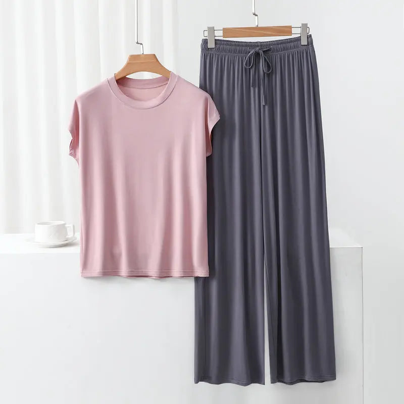 Modal Loose Homewear set O-neck Tshirts short sleeves and Wide leg pants Casual streetwear suit all match PinkGray