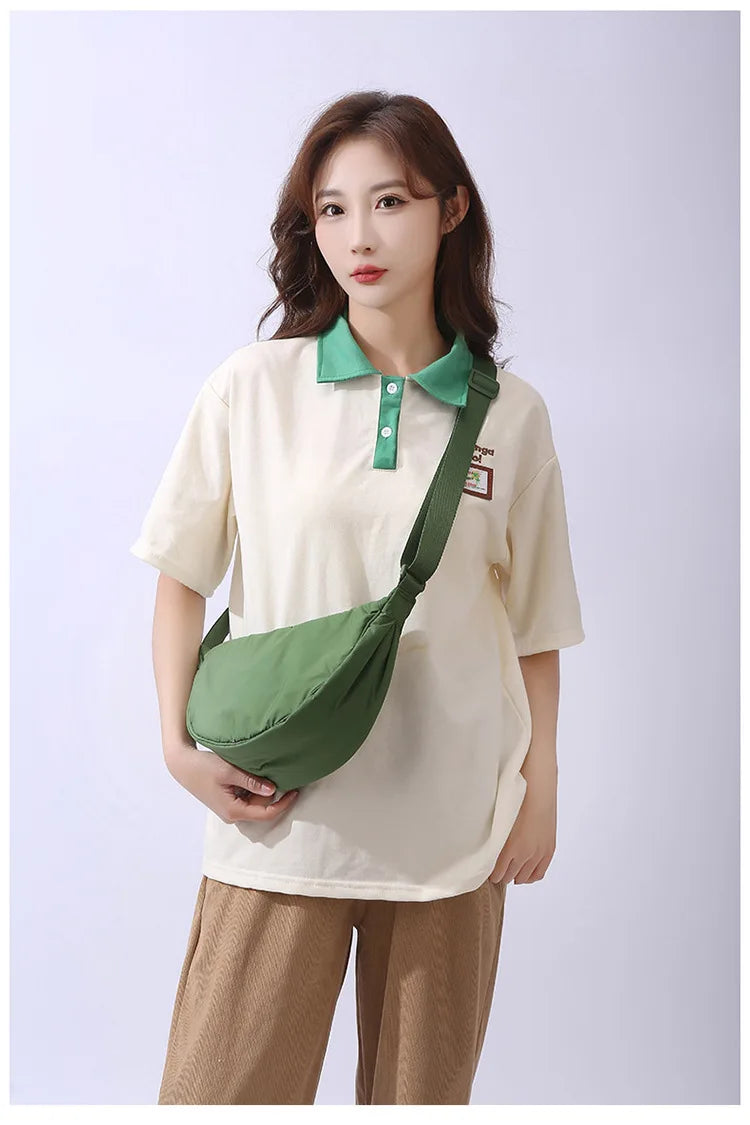 Solid Color Women's Portable Shoulder Bag Simple Female Nylon Cloth Padded Crossbody Bags Travel Purse Handbags Messenger Bag