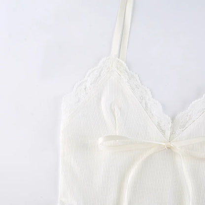 Lace Trim Crop Top Aesthetic White Bow Cute Sweet Mini Vest Knitted Basic Casual Tee Women Summer Backless Beach