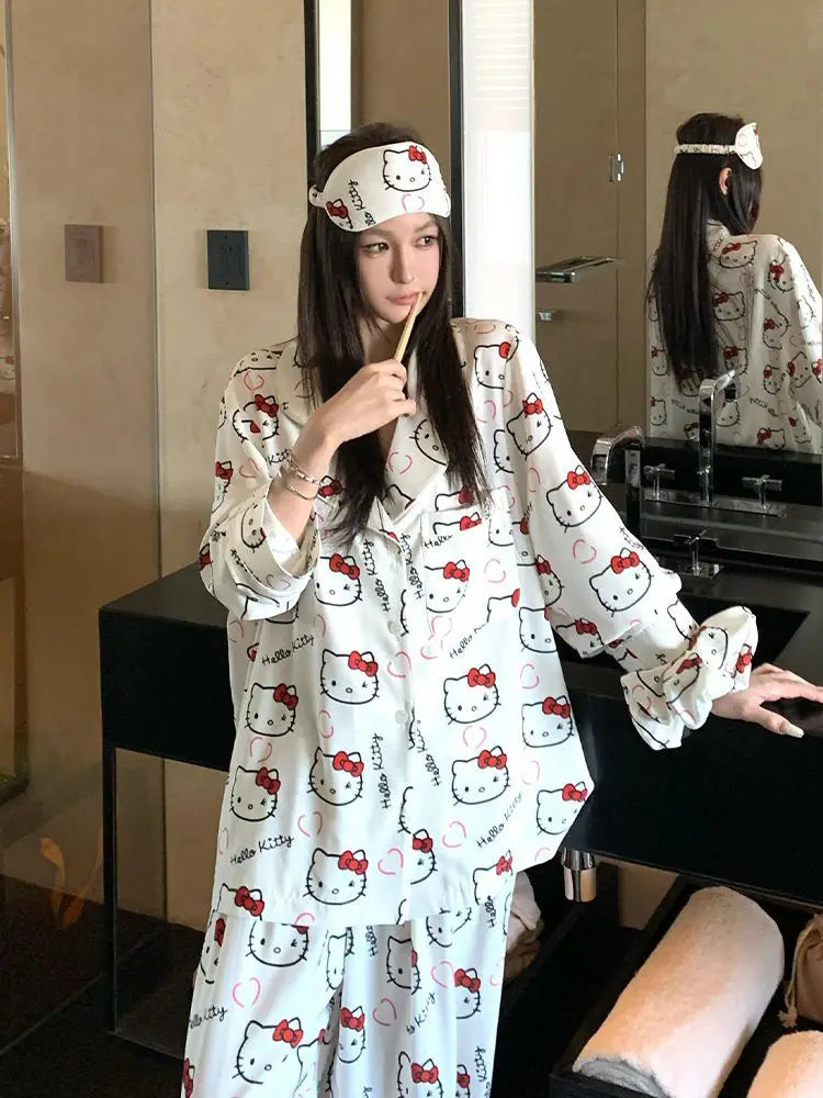 Hello Kitty Pajama Set Cute Cartoon Long Sleeve Sleep Clothing Sanrio Home/Outdoor Loungewear Pajamas Birthday Gift