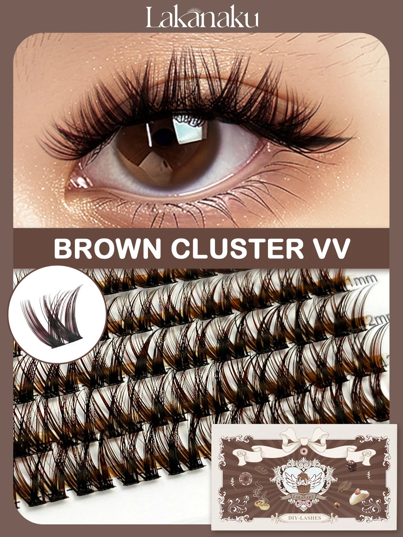 LAKANAKU Brown Cluster DIY Lashes Natural Soft Cashmere Brown Eyelashes Extension DIY False Lashes Save Time For Beginner Makeup