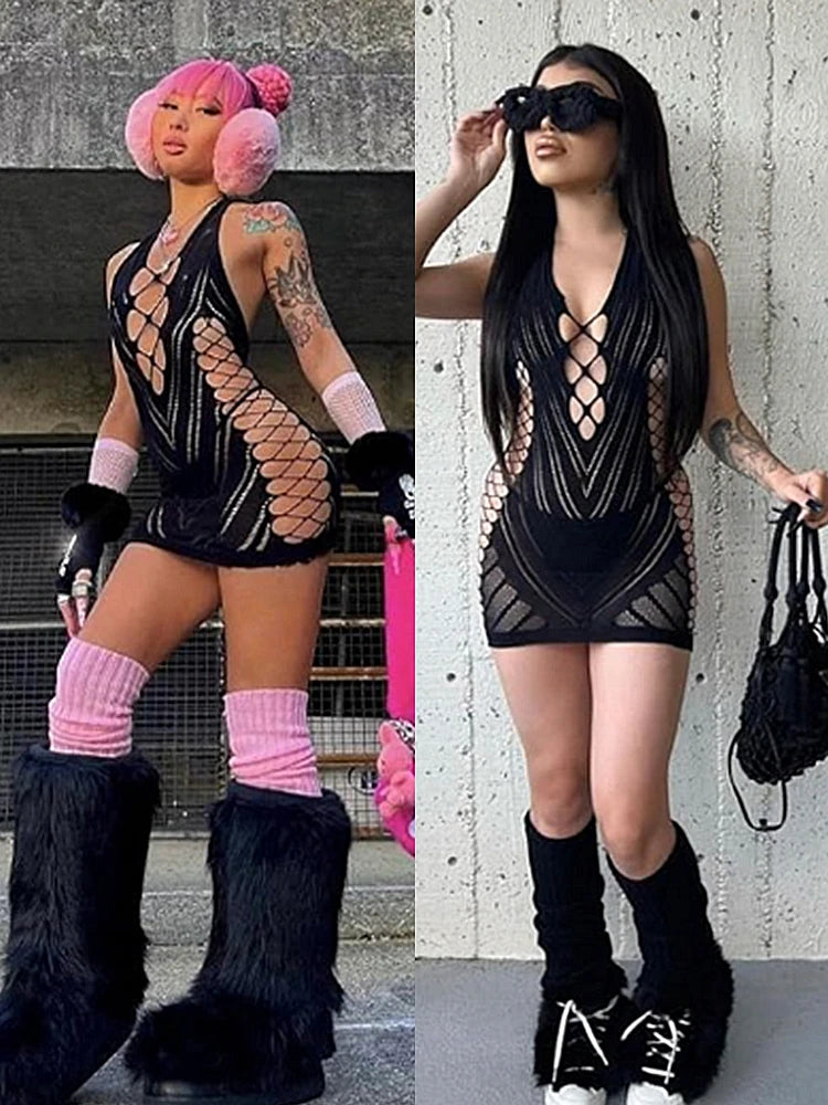 Transparent Lace Short Dress Backless Hollow Halter Nightgown Sexy Women's Pajamas Nightwear Nightdress Party Club Mini Dresses TC80