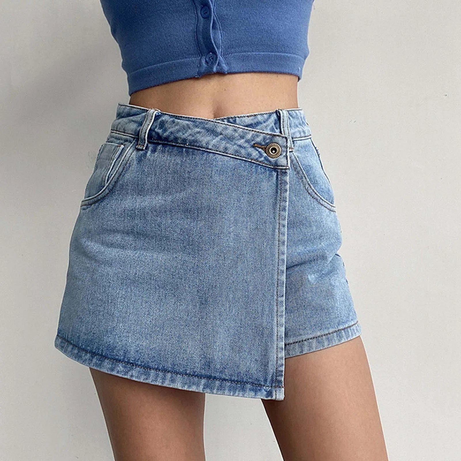 Plus Size S-5XL Shorts Skirts For Women Low Waist Double Layer Denim Shorts Summer Y2k Korean Harajuku Wide Leg Skorts Culottes Blue