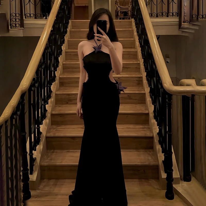 WhereMery Sexy Off Shoulder Butterfly Appliques Halter Maxi Dress 2025 Summer Women Trend See Through Hollow Out Beach Vestidos