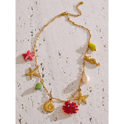 Yhpup Ocean Style Summer Fashion Jewelry Crab Starfish Shell Pendant Necklace Stainless Steel Golden Charm Pendant Accessories