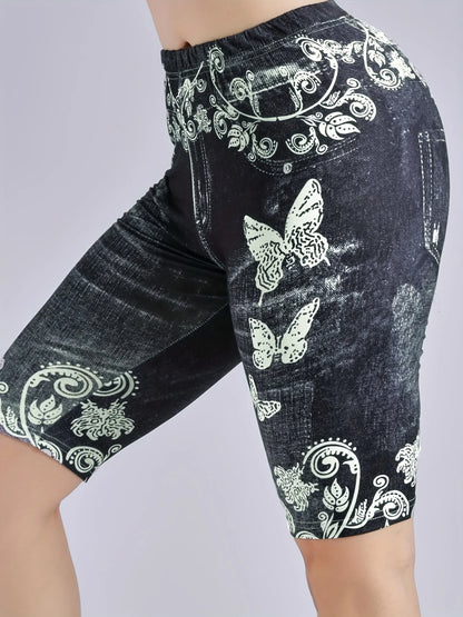 3 Piece Set Of Lmitation Denim Leggings For Women Butterfly Waist Fruit Flower Elastic Shorts High Waist Casual black