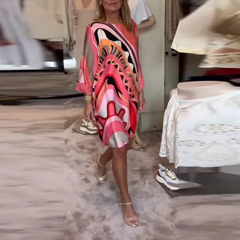 Ladies Elegant Crew-neck Pullover Office Dress Autumn All Match Pattern Print Female Dress 2024 Chic Long Sleeve Commuter Dress