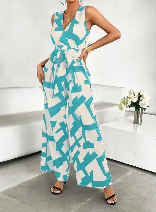 Summer Fashion Vacation Style Jumpsuits for Women Casual V Neck Sleeveless Color Blocking Lace Up High Waist Wide Leg Jumpsuit Badiee Stylez