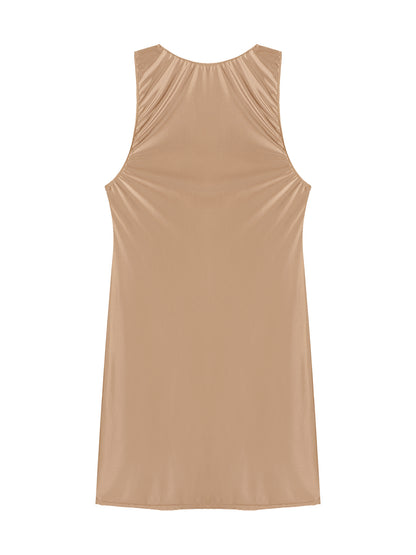 Women's Oil Glossy Stretch Tank Mini Dress Solid Color Sleeveless Tights Bodycon Short Dress Stretch U Neck Party Sundress