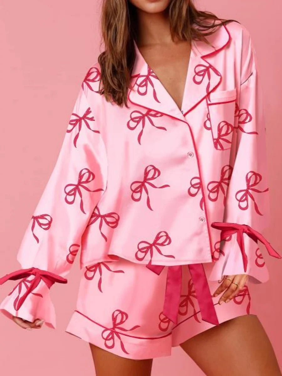 Women's 2 Piece Lounge Set Long Sleeve Lapel Strawberry/Bow Print Button Up Tops Shorts Sleepwear Sets Red