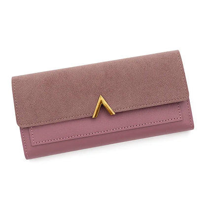 New Korean version women's wallet long V-shaped buckle three fold wallet for women, hand-held bag, change card bag Rose red