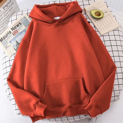 Autumn Casual Women's Solid Hoodie Comfortable Strecth Sweatshirts Loose Pocket Warm Clothes Fashion Street Female Pullovers Brick Red