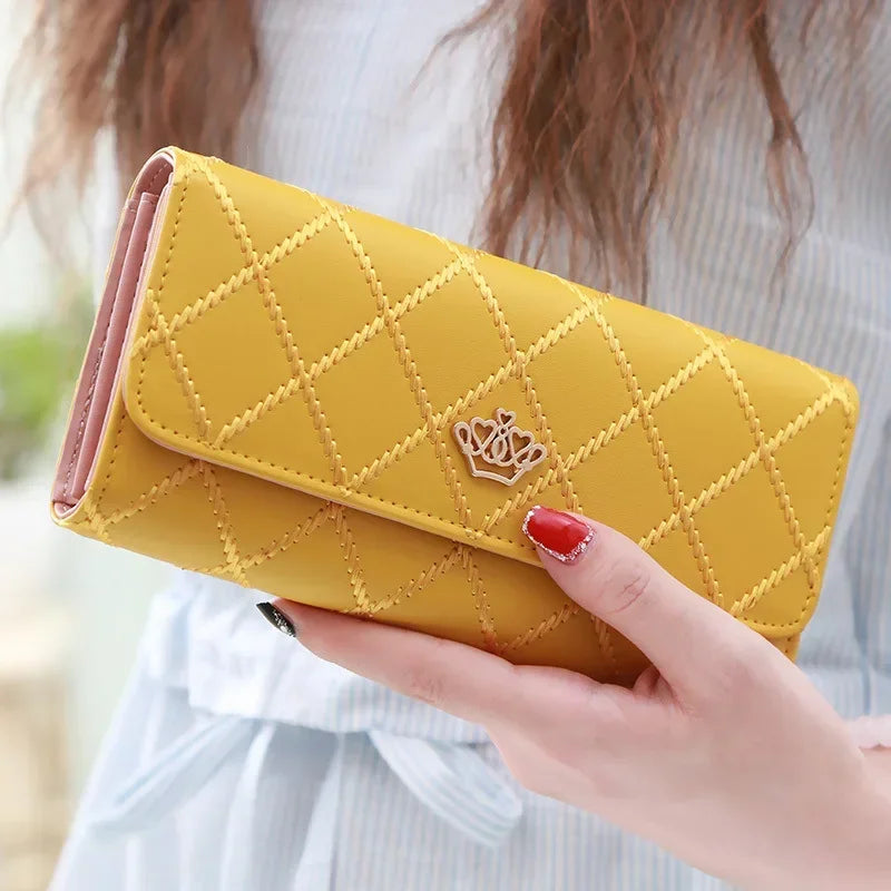Black Long Wallets for Women PU Leather Diamond Pattern Purse Card Holder Crown Buckle Ladies Phone Bag Fashion Clutch Bag Yellow