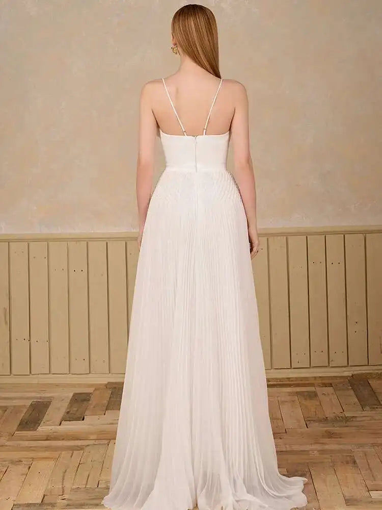 DEAT Elegant Dress Hollow Out Backless Camisole Pleated Flower High Waist Women's Party Dresses 2025 Autumn New Fashion 13DB5083 Badiee Stylez