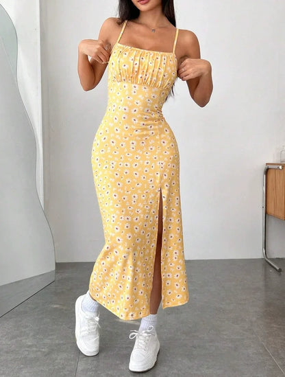 Fall 2025 Long Dress Strapless Wrap Chest High Slit Daisy Leopard Print Wrap around Skirt Maxi Dress Yellow