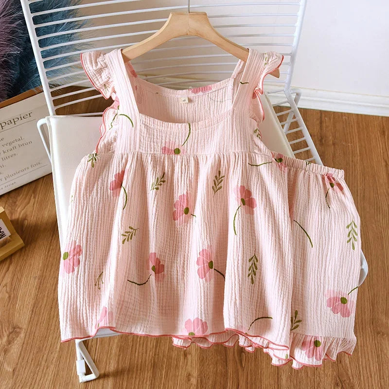 2025 Japanese summer new women's pajamas suit short-sleeved shorts two-piece 100% cotton crepe simple checked thin home clothes Pink