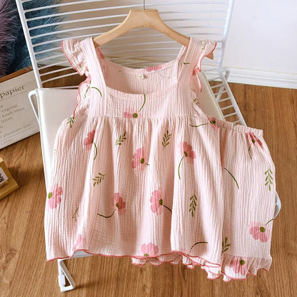 2025 Japanese summer new women's pajamas suit short-sleeved shorts two-piece 100% cotton crepe simple checked thin home clothes Pink