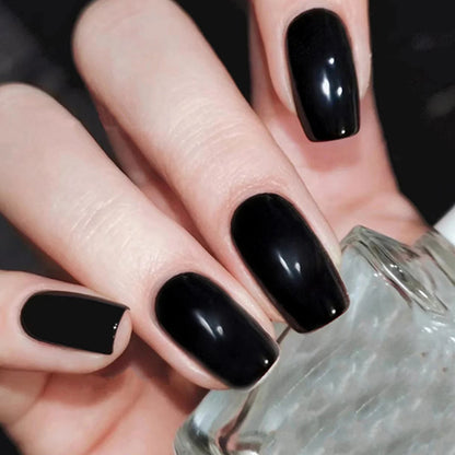 Almond Mid-length Black Fake Nail Solid Color Press on Nails Simple Full Cover Artificial Nail For Girls Nail Extension 24Pcs Y6